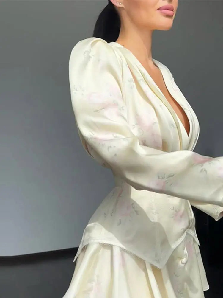 Fashion Floral Printed Maxi Dress Chic Deep V Neck Puff Sleeve Peplum Slit Dresses 2026 Summer Wedding Cocktail Party Women Gown