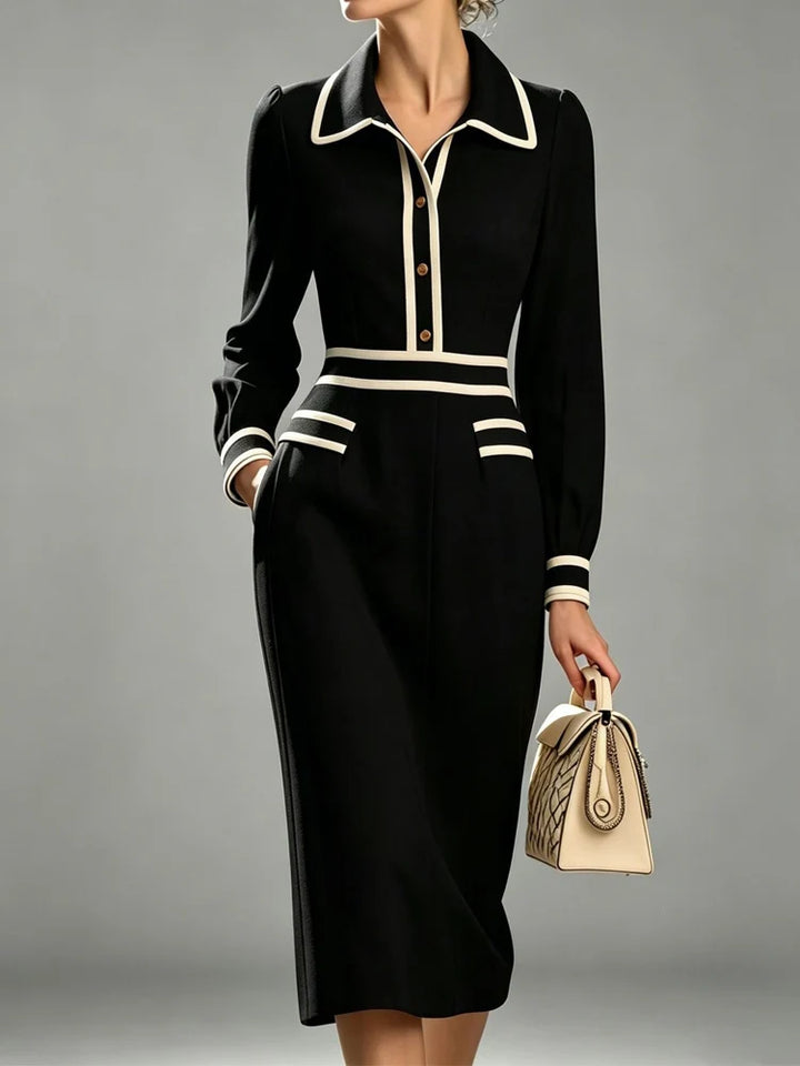 Fall Long Sleeve Party Dress Sexy Contrast Color Turn-down Collar Office Dress Women Casual Button High Waist Slim Bodycon Dress