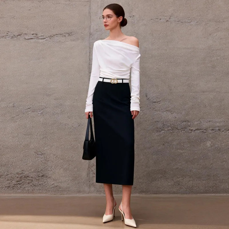White Elegant High Waist Straight Midi Skirts Women 2026 New Black OL Ladies Jupe Femme