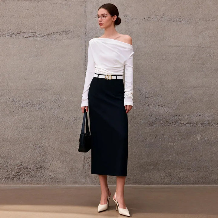White Elegant High Waist Straight Midi Skirts Women 2026 New Black OL Ladies Jupe Femme