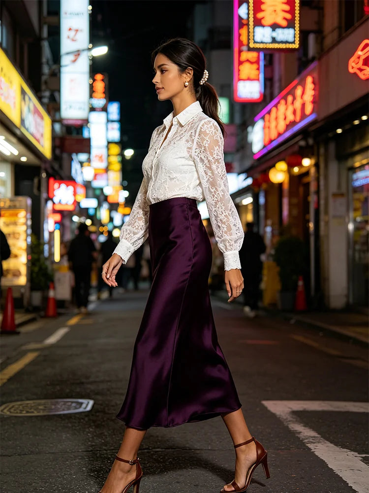 Minimalist Satin Midi Skirt  High Waist Bias Cut Flowy Hem Top for Office &amp; Casual Streetwear