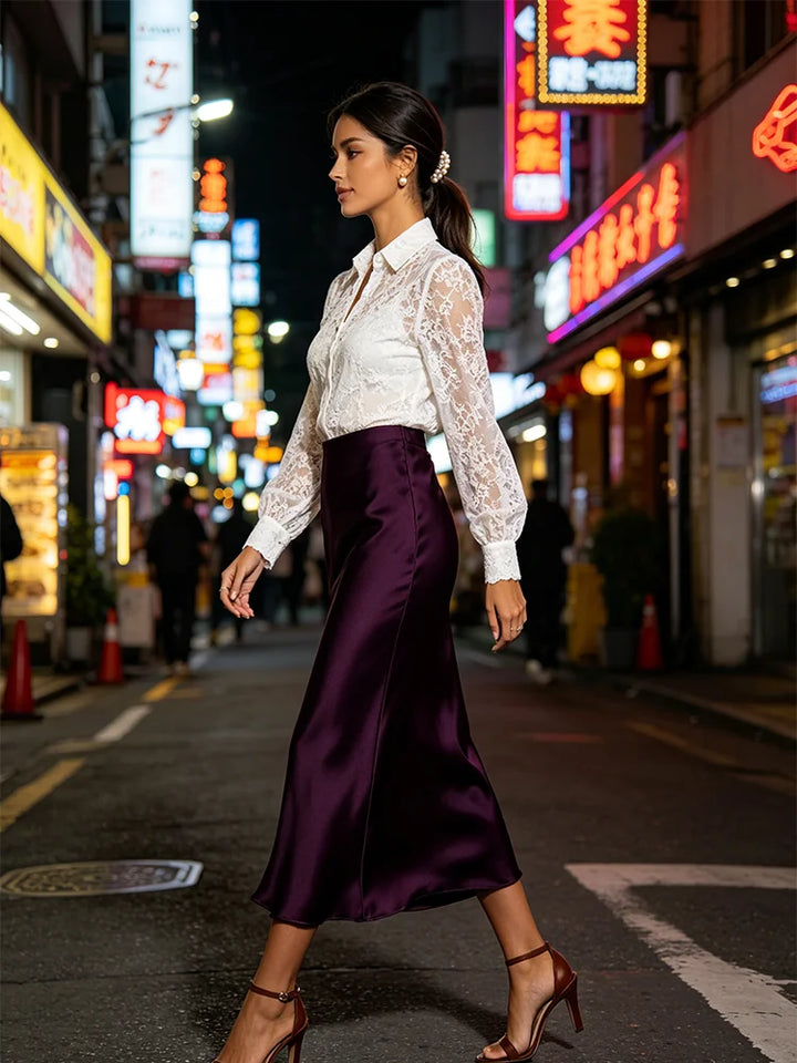 Minimalist Satin Midi Skirt  High Waist Bias Cut Flowy Hem Top for Office &amp; Casual Streetwear