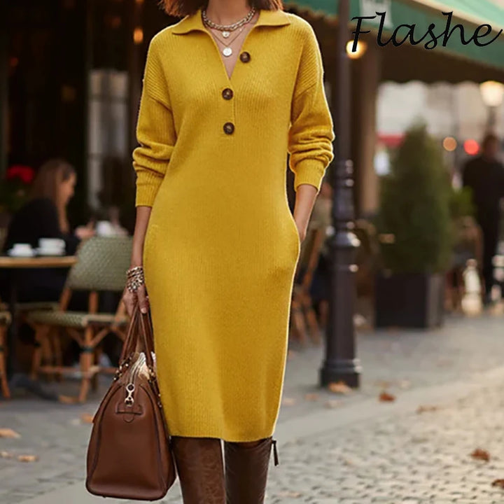 Fall Casual Solid Ribbed Knitted Dresses Woman Lapel Pullover Dress Winter Long Sleeve Sweater Dress Women Party Dresses