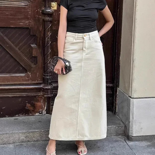 Beige Straight Denim Skirt High Waist Utility Style Side Slit A-Line Mid Length French Vintage Skirt for Women Fall 2025
