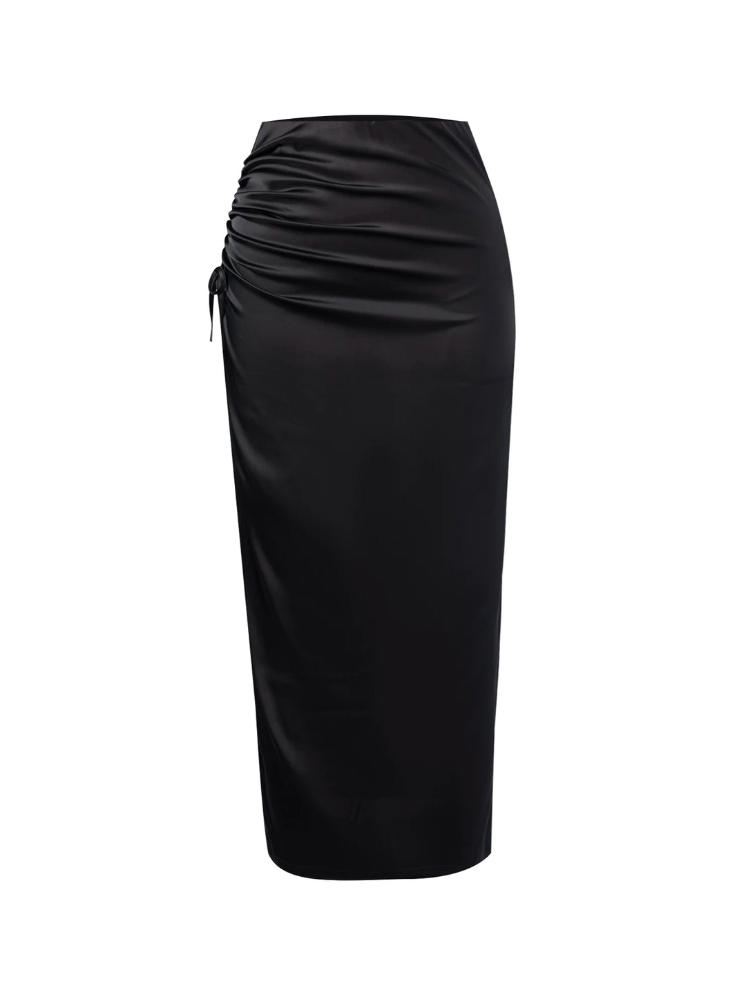 Women Midi Skirt Black Satin High Waist Ruched Drawstring Slim Pencil Skirt Elegant Office Party Casual Skirts