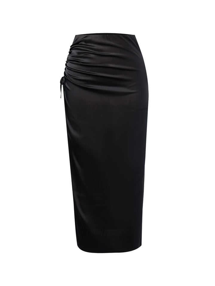 Women Midi Skirt Black Satin High Waist Ruched Drawstring Slim Pencil Skirt Elegant Office Party Casual Skirts