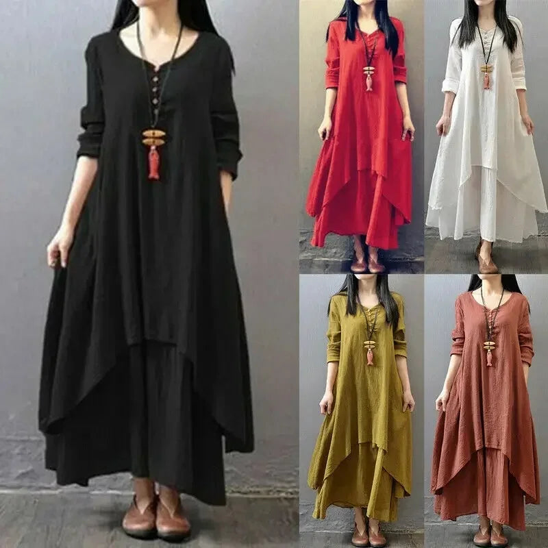 Spring Autumn Women Maxi Dresses Casual Full Sleeve Bohe Cotton Women&