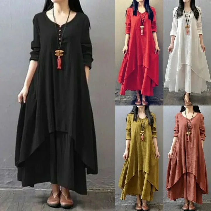 Spring Autumn Women Maxi Dresses Casual Full Sleeve Bohe Cotton Women&