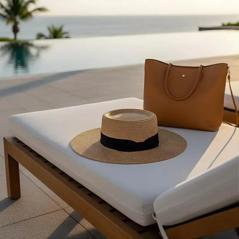 Straw Hat Women French Style Flat Top Wide Brim Sun Protective Hat Summer Beach Vacation Travel FashionHot