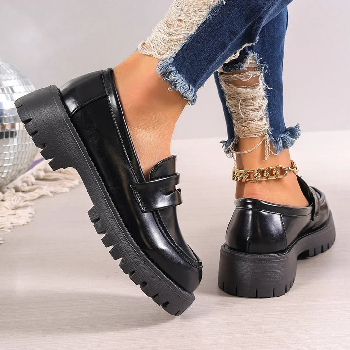 Casual Platform Loafers Woman 2025 British Style Black Brown PU Leather Shoes for Women Comfort Slip On Flats Plus Size