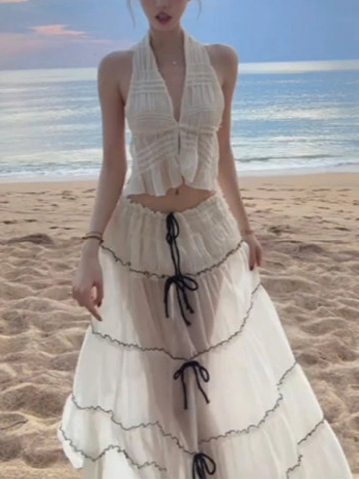 Women Boho Two Piece Set Halter Pleated Crop Top and Layered Maxi Skirt Drawstring Detail Slim Fit Suit Beach Summer Outfit 2025