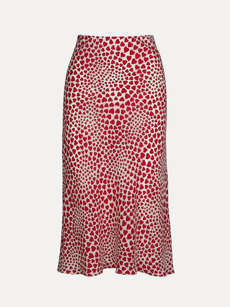 Klacwaya New Girls Silk Pencil Skirts Women Fashion Heart Print High Waist Slim Skirt Ladies Chic Red Leopard Boho Mermaid Skirt