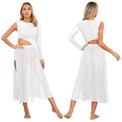 Womens Modern Lyrical Contemporary Dance Costume Cutout Round Neck Dress Side Split Sheer Mesh Dresses Performance Outfits