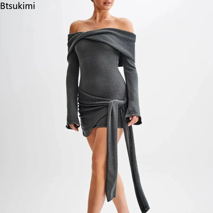 2026 Knitted Sweater Dresse for Women Fashion Lace-Up Off-Shoulder Mini Dress Solid Slim Patchwork Twist Ribbed Knitwear Dress
