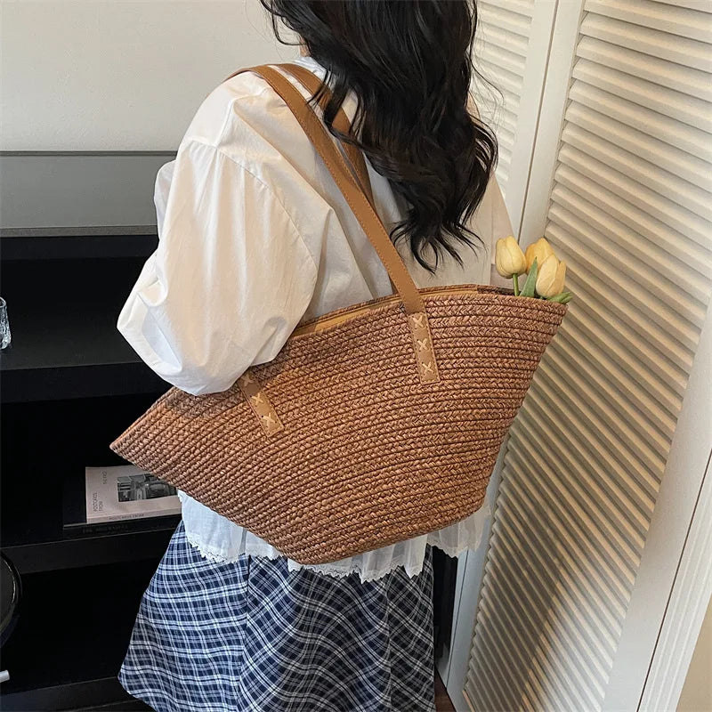 New Summer Fashion Women Top-Handle Bags Large Capacity Straw Shoulder Bag for Beach Vacation Versatile Commuting Beach Bag