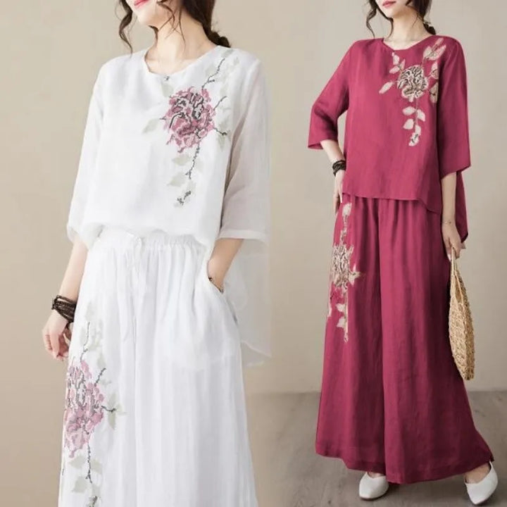 Linen Cotton Two Piece Set Women Embroidery Top Wide Leg Pants 2026 Summer Loose Fit Casual Mother Outfit for Daily Wear
