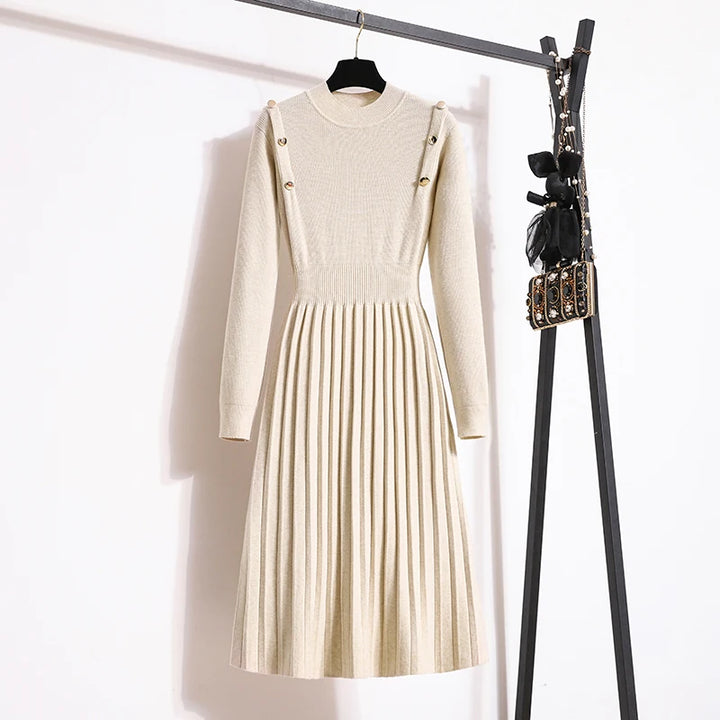 Fall Winter Knitted Solid Sweater Dresses For Women Fashion Elegant Long Sleeve Pullover Knitwears Maxi Dresses Koeran Vestidos