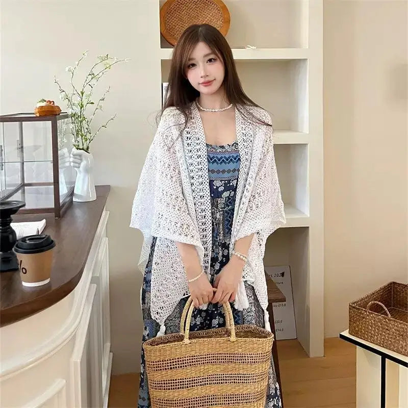 Summer Mesh Lace Beach Cover-Up with Tassels Elegant Sun Protection Shawl for Women
