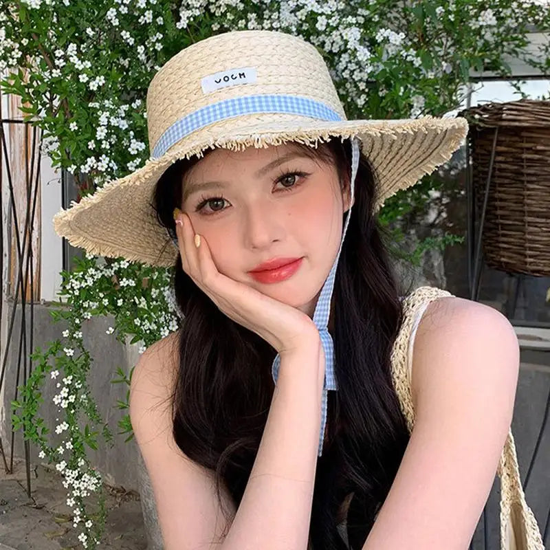 Wide-brimmed Straw Hat Women Beach Sun Hat Fashionable Sun Protection Floral Lace Bow Breathable Summer Hat for Vacation