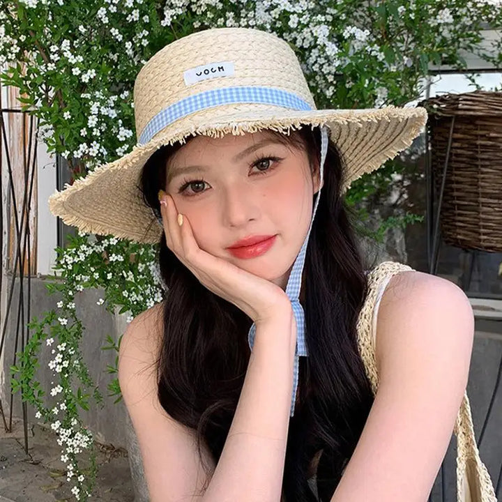 Wide-brimmed Straw Hat Women Beach Sun Hat Fashionable Sun Protection Floral Lace Bow Breathable Summer Hat for Vacation