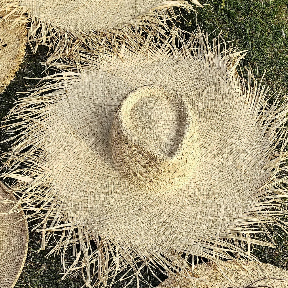 Large Brim Straw Hat Raffia Hand-woven Pattern Straw Hat Sun Protection Beach Sun Hat Women&