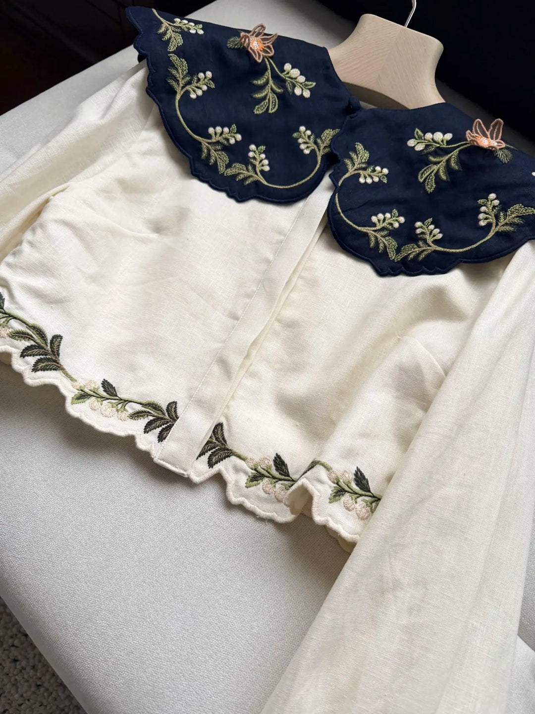 Women 100% Linen 2 Piece Set Heavy Embroidery Detachable Collar Lantern Sleeve Shirt tops &amp; High Waist Casual Shorts