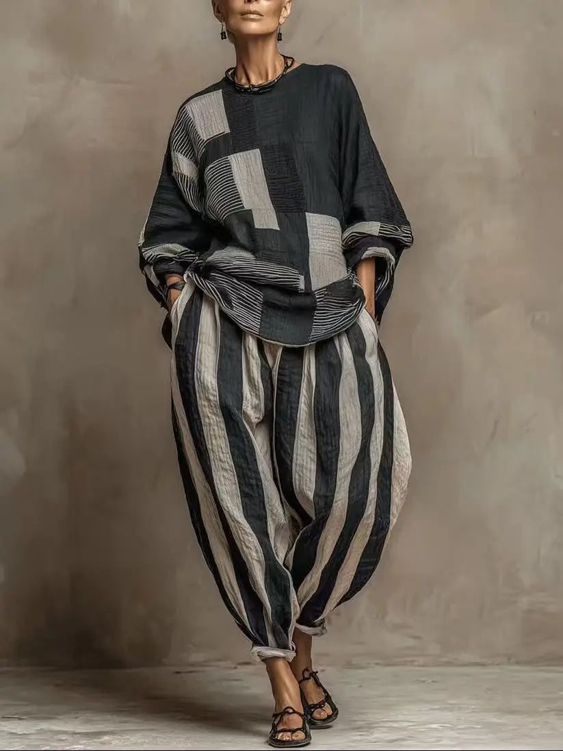 Retro Loose Print Shirt Pants Two-piece Set Long Sleeve Oversize Blouses Wide Leg Pants Suit Fashion Women Casual Sets Autumn