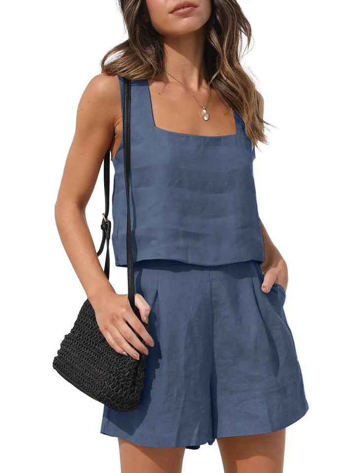 2025 New 2-piece Leisure Suit Linen Shorts Sleeveless Top Vest  Tweed Set  Sets Womens Outfits  Two Piece Set Women