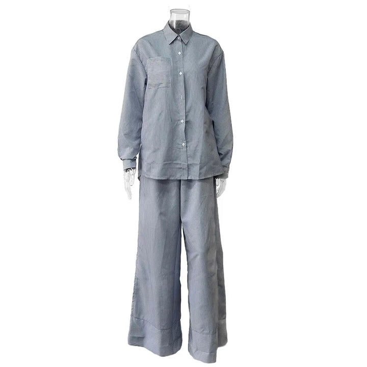 Women Striped Two Piece Outfit Loose Long Sleeve Shirt Drawstring Wide Leg Pants Set