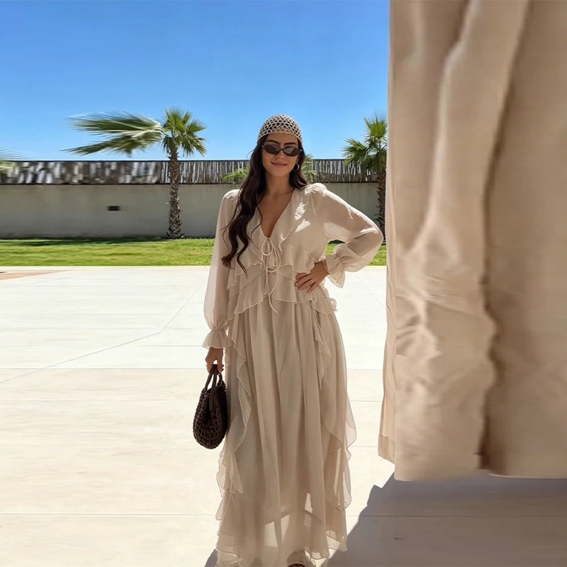 2026 Solid Color Ruffle Maxi Dress For Women V Neck Long Sleeve Chiffon Flowy Bohemian Summer Vacation Beach Cover Up Dress