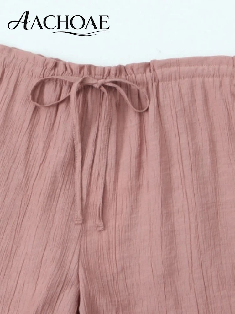 Women Linen Wide Leg Pants Summer Beach Long Pants Casual Drawstring Loose Beach Trousers