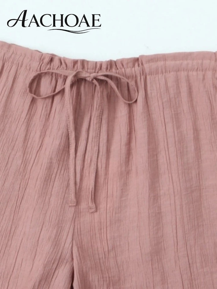 Women Linen Wide Leg Pants Summer Beach Long Pants Casual Drawstring Loose Beach Trousers