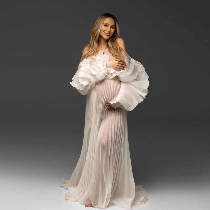 2026 New Off White Pleated Maxi Dresses for Photoshoot Maternity Photoshoot Dress Formal Evening Gown Baby Shower Dress YEWEN