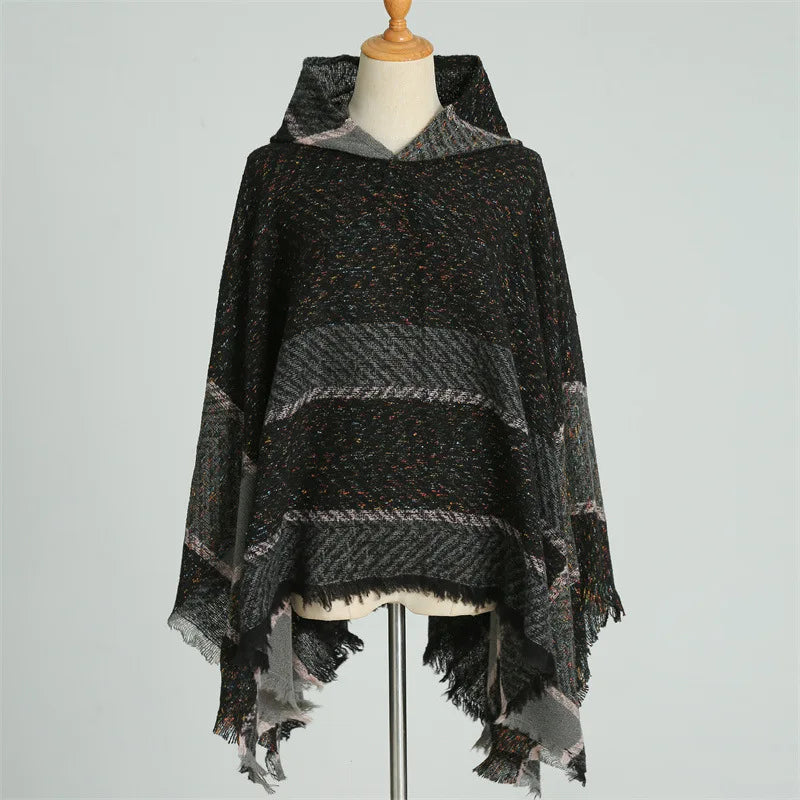 Knitted Imitation Cashmere Poncho Scarf Shawl Hooded Cape Pullover Cloak Scarves Tassels Coat Elegant Casual Outerwear for Women