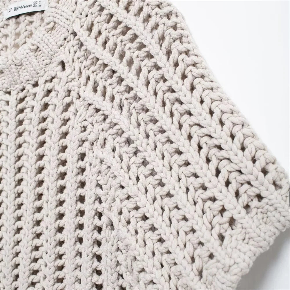 Hollow Out Knit Pullover Women Casual Round Neck Lace Up Bow Sweater Female Autumn Short Sleeves Solid Knitwears Lady