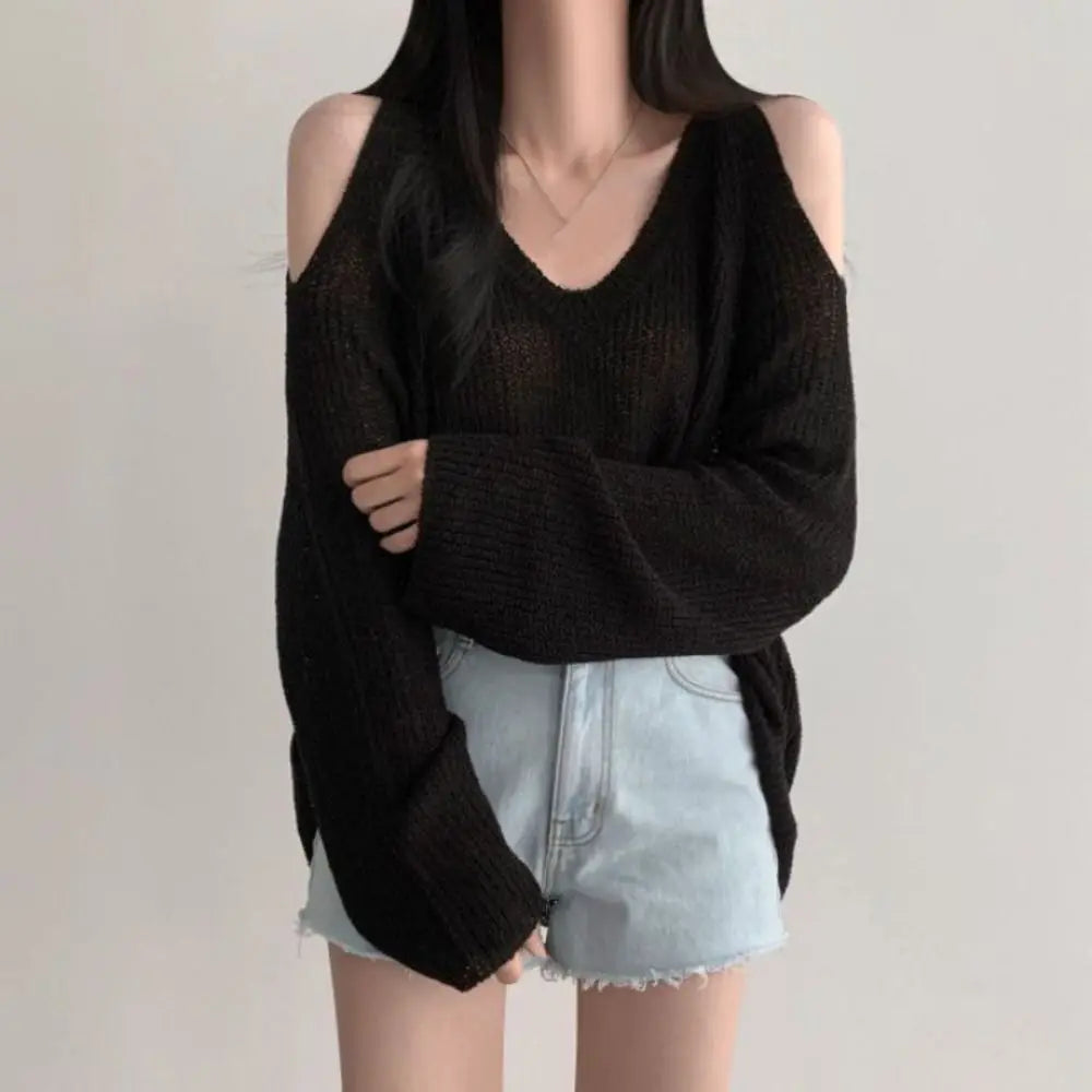 Simple Hollow Out Knit Long T-shirt Long Sleeve Pullover Crochet Knitwear V-neck Chic Knitted Loose Top Women