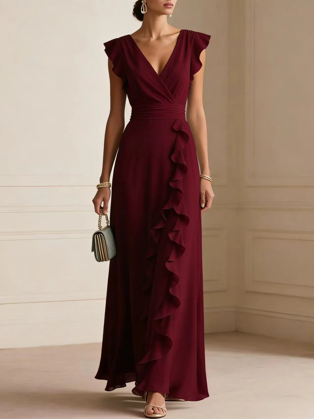 Women V Neck Ruffle Maxi Dress Sleeveless Chiffon Long Dress Wedding Guest Evening Party Formal Dress