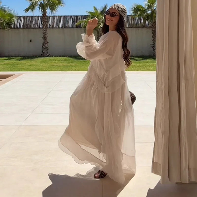 2026 Solid Color Ruffle Maxi Dress For Women V Neck Long Sleeve Chiffon Flowy Bohemian Summer Vacation Beach Cover Up Dress