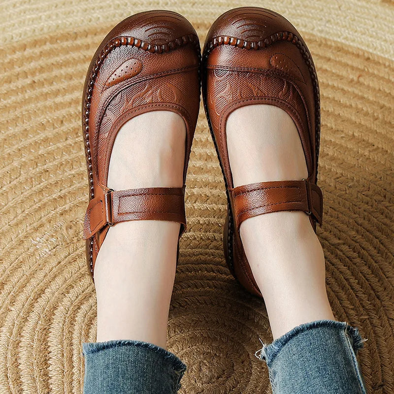New Authentic Leather Flats Women Durable Mary Jane Shoes Autumn Shallow Flats Ladies Anti Kick Moccasins Female Brown Flats