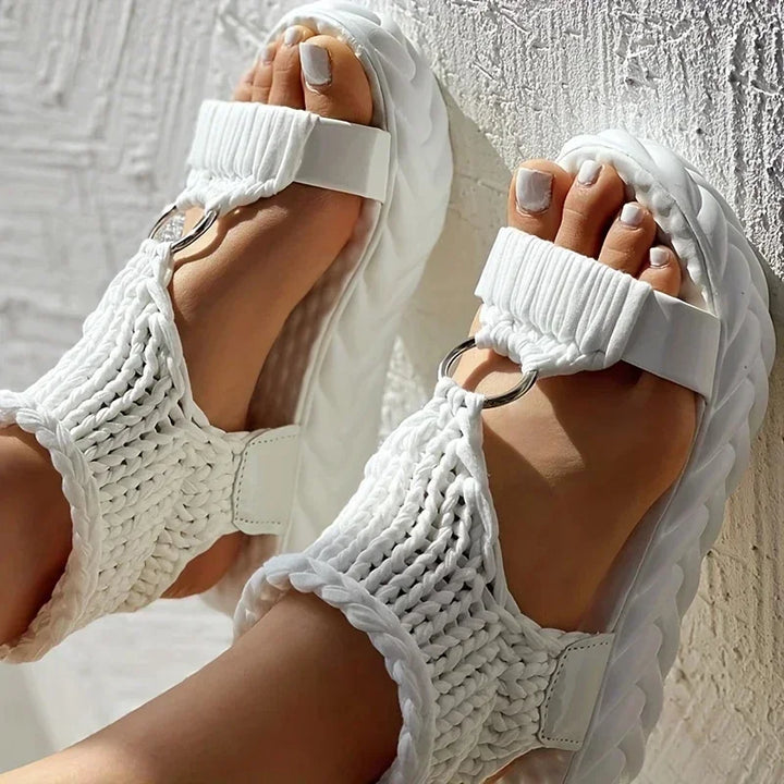 Women Sandals 2025 New Knitted Sandals Women Mesh Flat Bottom Hollow Out Female Sandals Summer fashion raided Elastic Shoes