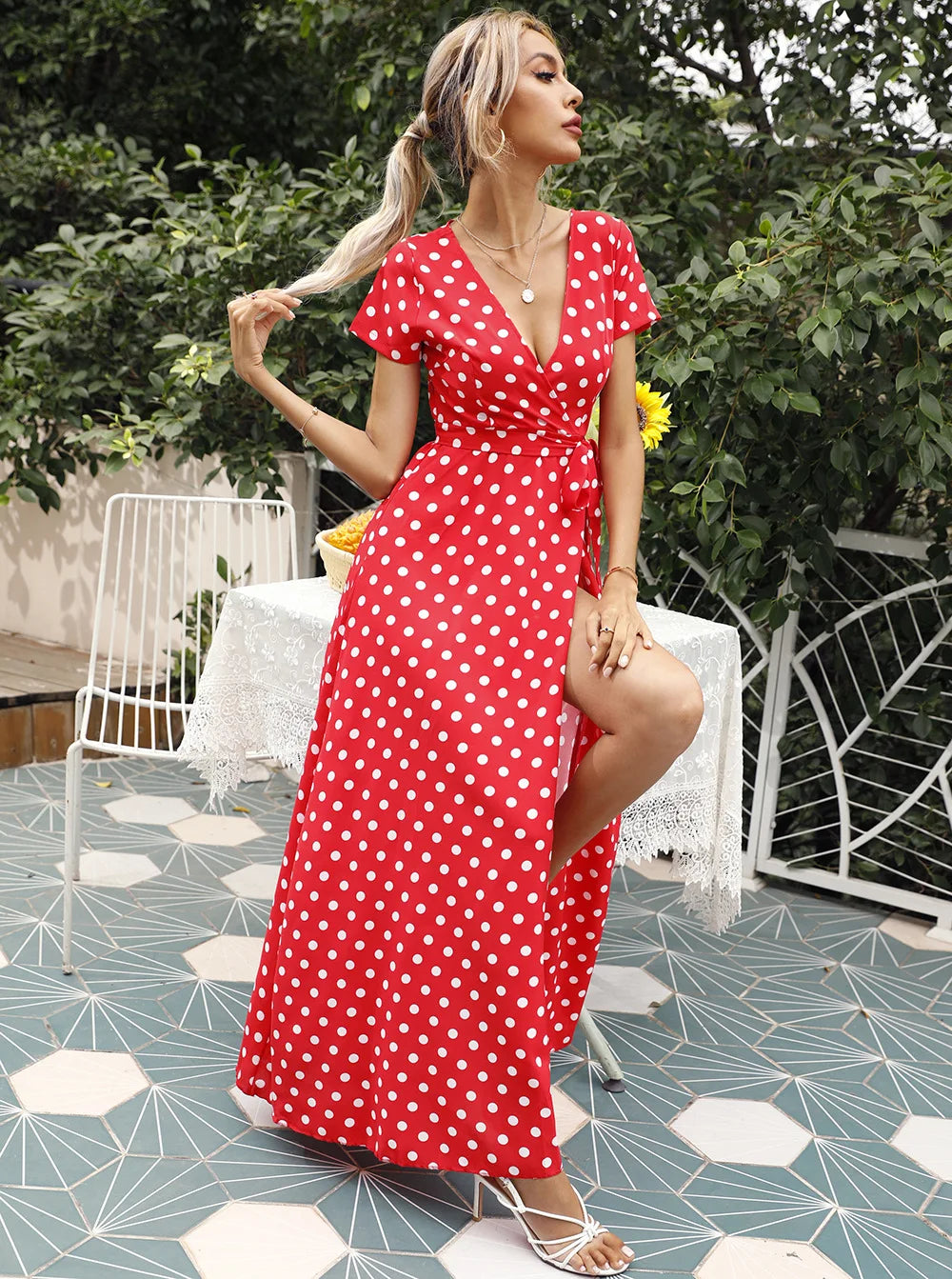 Colorful Polka Dot Printed Maxi Dresses Women Summer V-Neck Short Sleeved Slit Long Dress Robe