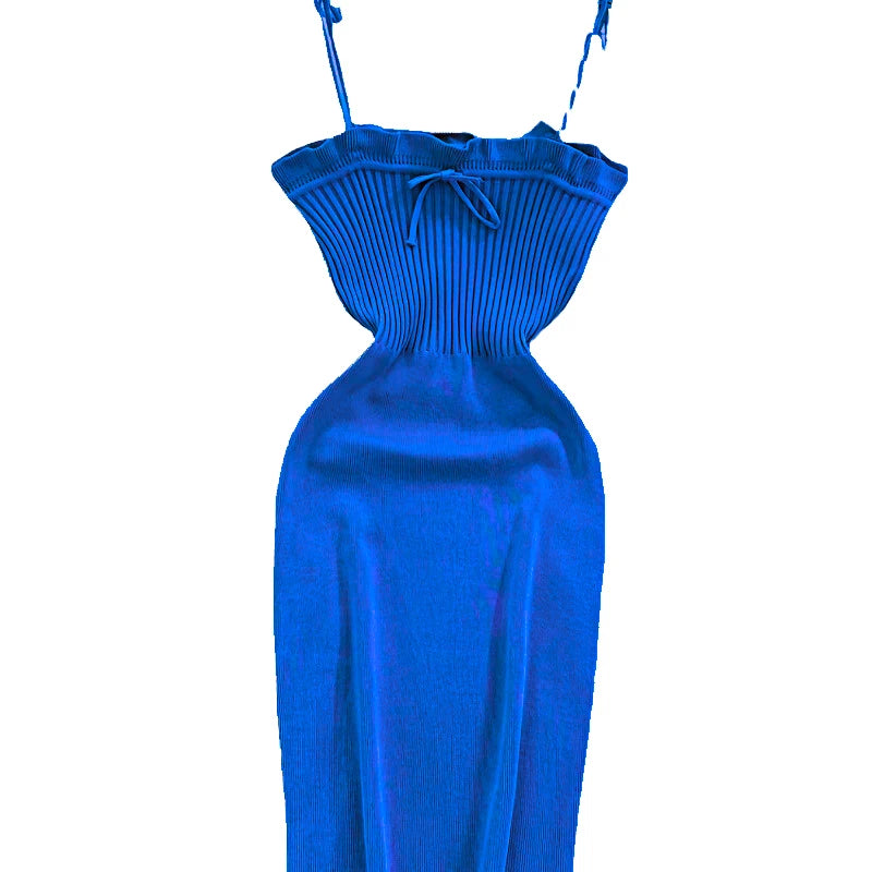 2024 Ribbed Lace Up Dress  Elegant Solid Slim Ruffle Trim Dress Women&