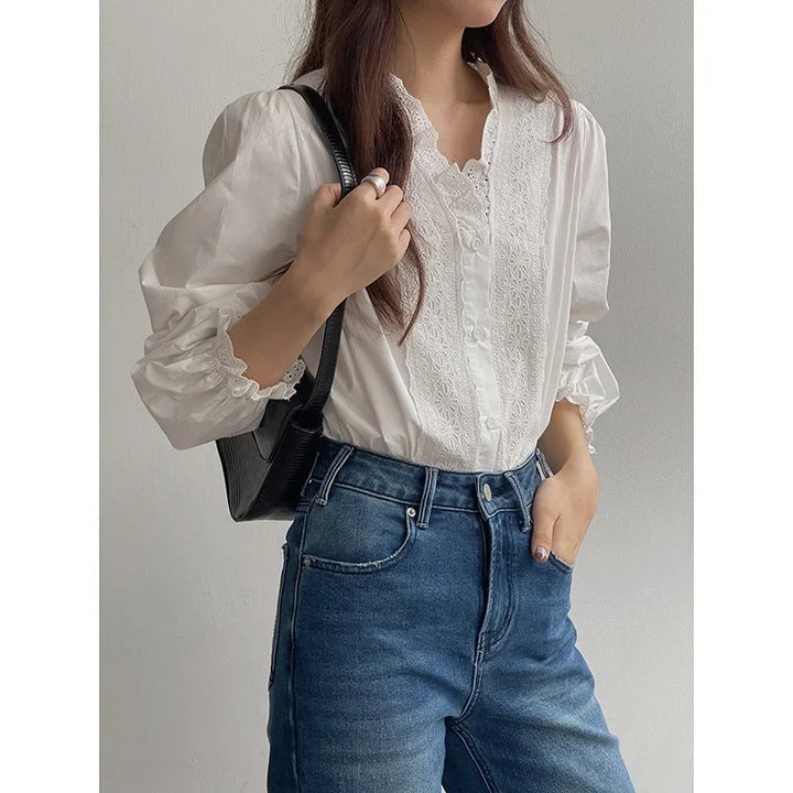 Vintage V-neck Lace Shirt Women&