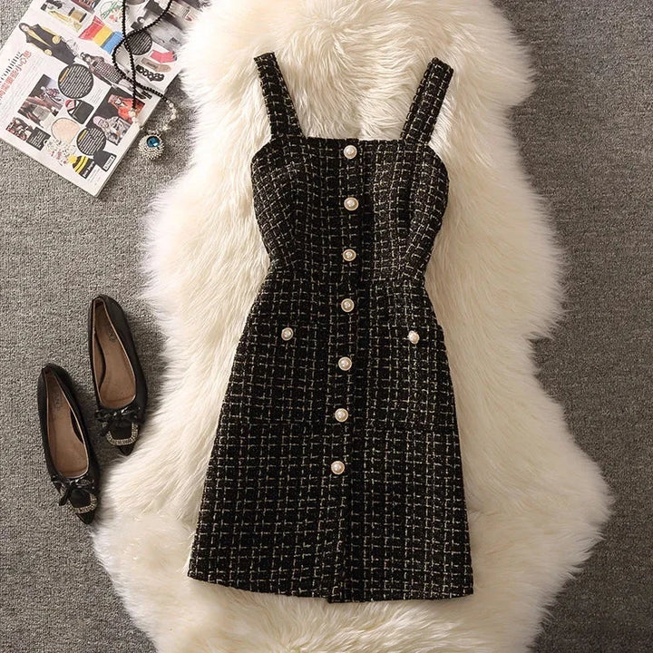 Women Autumn Winter Dress New Small Fragrant Tweed Vest Suspender Woolen Dress Bottom Knitted Sweater Female Two-Piece Set Suit