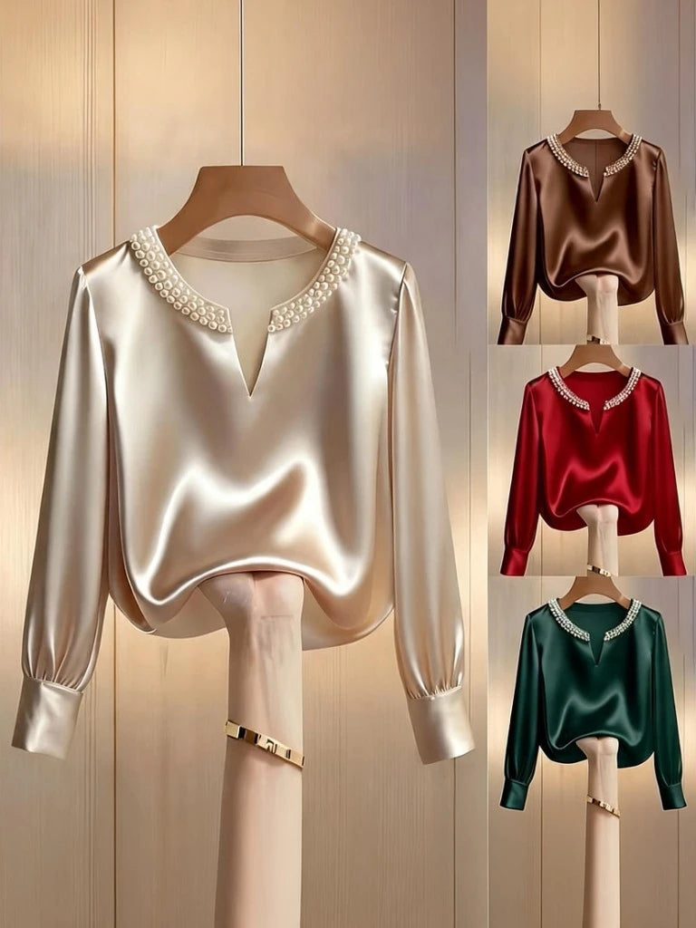 Pearl V-neck Silk Satin Top Women Luxury Elegant Long Sleeve T Shirt Commuter Loose Casual Basic Tees Chic Work Wear