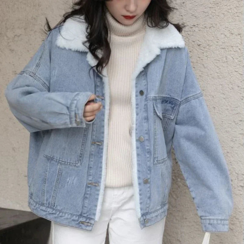 Outerwear Wool Inside Plain Warm Blue Denim Jacket for Women with Fur Plush Woman Jean Coat Winter 2025 Cold Padded Korean Outer