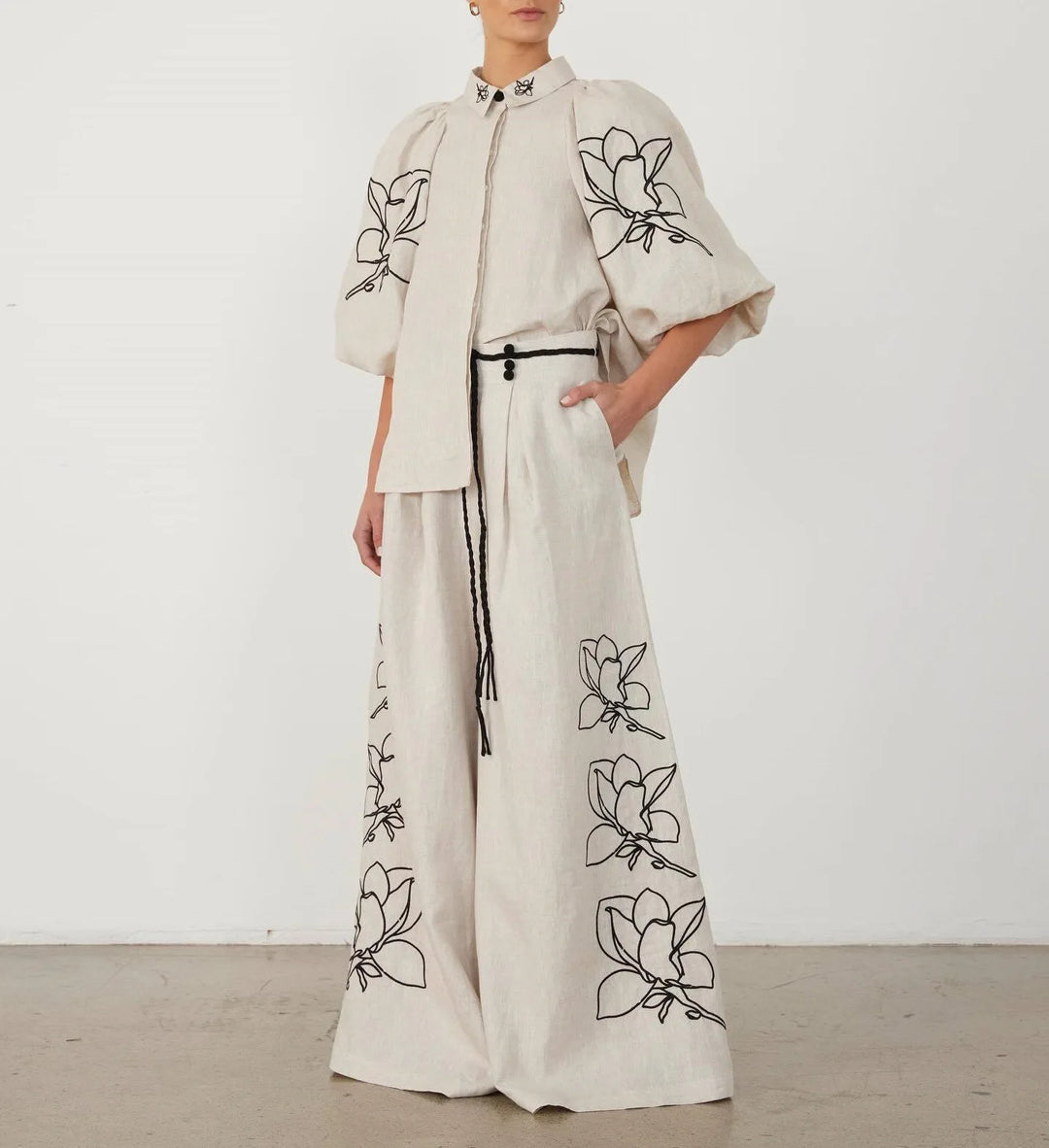 Cotton Linen Women Elegant Two Piece Set Loose Long Sleeve Printed Shirt and High Waist Wide Leg Pants Set Casual Womens Outfits