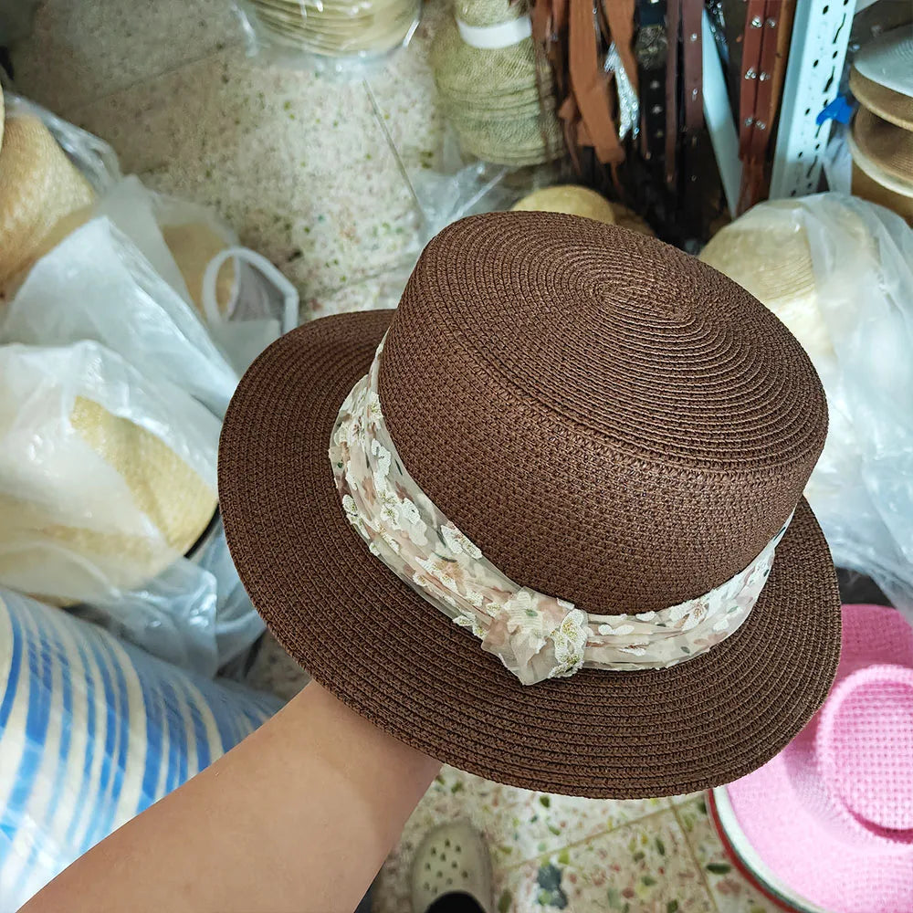 1pcs Luxury Elegant Women Summer Straw Hat Flat Top Boater Cap Folds Hand Weave Wide Brim Sun Hat Panama Fedora Шляпа