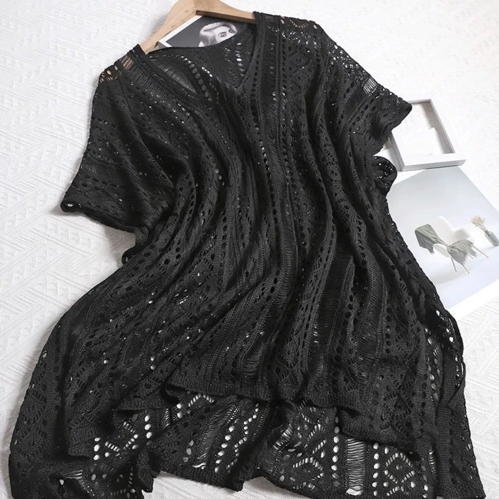 Oversized Hollow Out Swimsuit Cover Up Crochet Sweater Loose Knitted Bikini Cover Up Fishing Net V-neck Beach Wear Streetwear