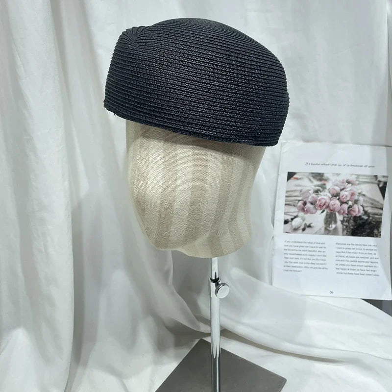 Women Vintage Straw Beret Hat Summer   Fedora Sun Cap Hostess Pillbox Hat Millinery Fascinator Base  Wedding Cocktail Party